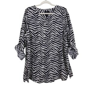 Tahari Zebra Print Linen Tunic Top Sz 2X Relaxed Flowy Roll Tab Beach Summer
